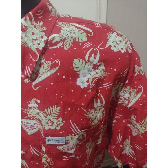 COLUMBIA PFG Red Christmas Light Print Short Sleeve Button Down Shirt Large L - Picture 6 of 12